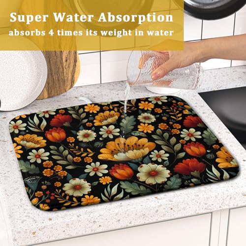 Vintage Boho Floral Dish Drying Mat for Kitchen Counter
