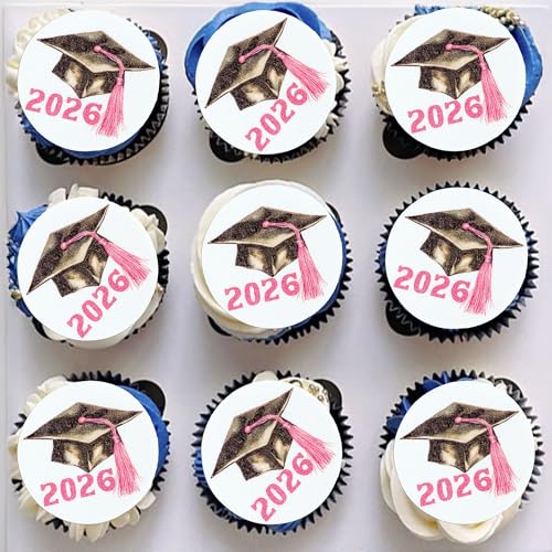 48Pcs Edible 2026 Graduation Cap Cupcake Toppers Wafer Paper Class of 2026 Grad Cap Cupcake Picks for 2026 Graduation Theme Party Cake Decorations Supplies Pink (48 Count)