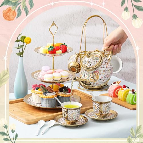 21 Pcs Porcelain Tea Set for Women Tea Party with Metal Holder and 3 Tier Cake Stand Ceramic European Floral Teapot Set for Adults Mother's Day Christmas Thoughtful Gift