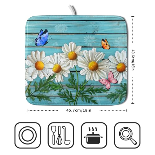 Daisy Dish Drying Mat for Kitchen Counter 16x18in Turquoise Daisy Old Wooden Board Kitchen Mat Absorbent Reversible Microfiber Dishes Pad Fast Drying Dish Drainer Mats for Countertop