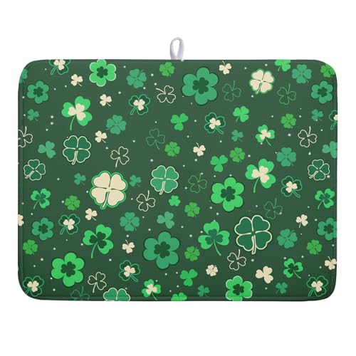 Happy St. Patrick's Day Dish Drying Mat for Kitchen Green Lucky Shamrock Clover Dish Drying Mat for Dishes Spring Irish Drying Mats 18x24 Inch Absorbent Reversible Dish Pad for Countertop Coffee Bar