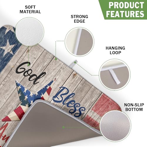 4th of July Dish Drying Mat 16x18 Inch Patriotic God Bless America Memorial Kitchen Mats Independence Day Absorbent Dishes Pad for Kitchen Counter USA Star Drying Mat Home Decor for Countertop