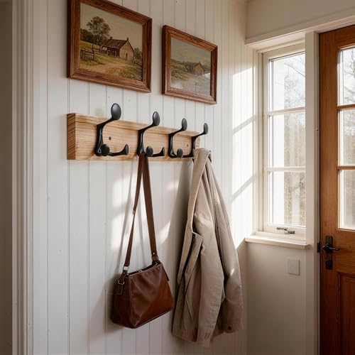 24 Inch Wood Coat Rack Wall Mount with 4 Triple Hooks