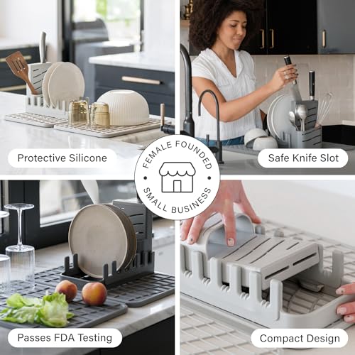 Home Collapsible Dish Drying Rack with Stone Dish Pad