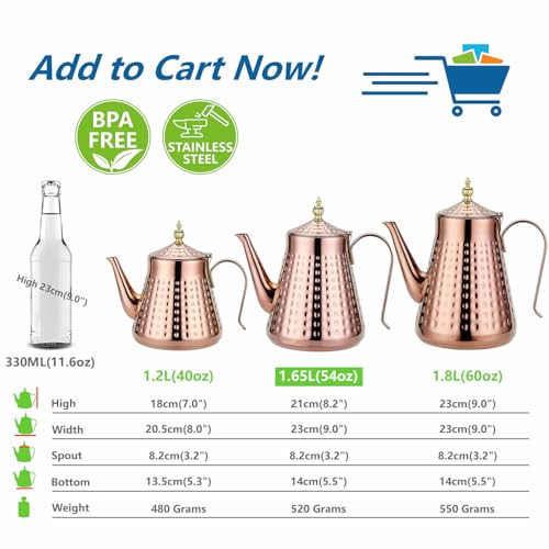 1.6L(54oz) Stainless Steel Hammer Patterned Teapot With Removeable Infuser,Loose leaf cover,Copper