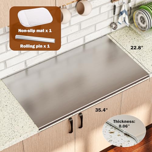 Large Cutting Board 35.4" L X 22.8" W Stainless Steel Cutting Board with Lip Kneading Board Metal Baking Board Non Stick Board with Rolling Pin for Meat Fruits Vegetables Bread and Baking