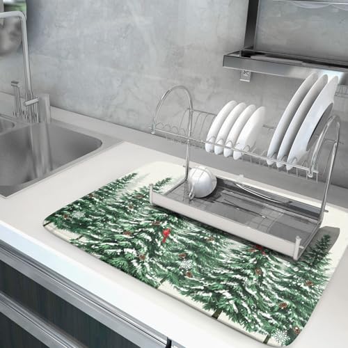 Winter Green Pine Tree Dish Drying Mat for Kitchen Counter