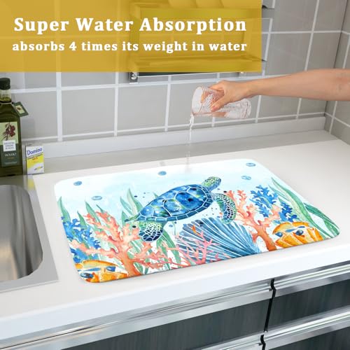 Sea Turtle Dish Drying Mat 18x24in Watercolor Blue Tortoise Dish Drainer Mats Nautical Ocean Coral Seashell Seaweed Microfiber Dish Drying Pad for Kitchen Countertop Large Decor