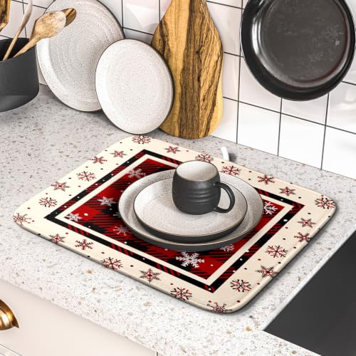 16"x18" Christmas Snowflakes Dish Drying Mat Xmas Red Black Buffalo Plaids Winter Snow Dish Drainer Mats Microfiber Reversible Dish Drying Rack Pad for Kitchen Countertop Tabletop Decor