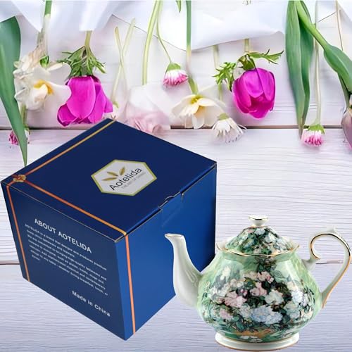 Teapot 30 oz Vangogh Paintings Bone China Loose Tea Pot Floral Design Vintage Ceramic Coffee Water Pot European Style Porcelain (30 Ounce)