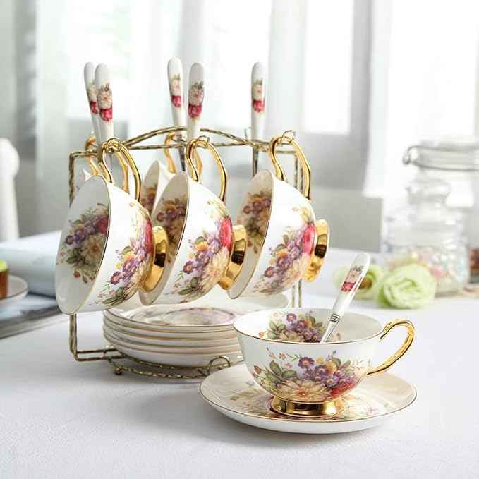 Coffee Mugs Pastoral Floral Bone Tea Cup Saucer Spoon Set 200ml Cafe Ceramic Coffee Cup Elegant Advanced Porcelain Teacup Dropshipping Mug Set (Color : 6Cups n Holder)