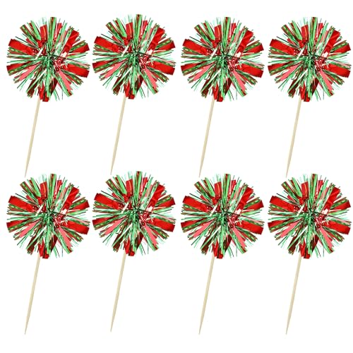 30Pcs Foil Firework Cupcake Toppers Sparkle Tinsel Drink Birthday Cake Decorations Cocktail Food Fruit Toothpick for New Years Wedding Birthday Party Decorations Red Green (30 Count)
