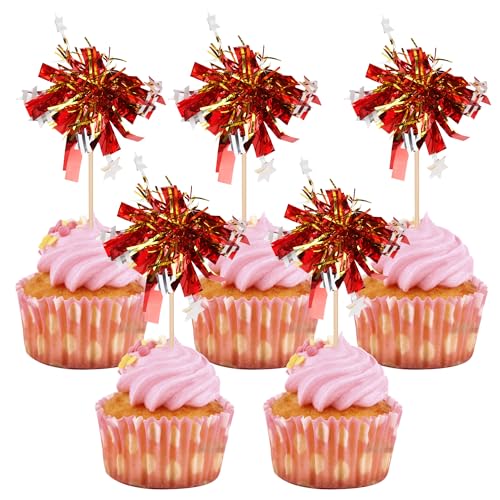 30 PCS Foil Firework Cupcake Toppers Happy Birthday Star Cupcake Picks Sparkle Tinsel Drink Stirrers Cocktail Fruit Toothpicks for Valentine's Day Wedding Birthday Party Decorations Supplies Red Gold (30 Count)