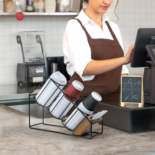 Industrial Matte Black Metal Wire & Acacia Wood Countertop Disposable Coffee Cup Organizer