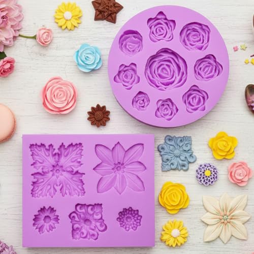 Rose Chocolate Mold Flower Molds Silicone for Cupcake Topper Candy Cookie Clay Crafting Projects Set of 2