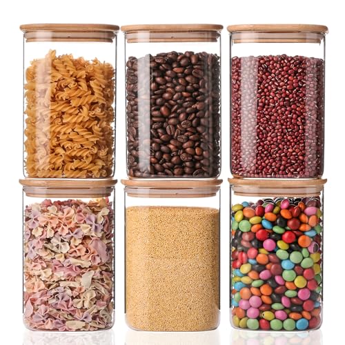 Glass Storage Jars 6 Pack 37oz Clear Glass Food Storage Containers with Airtight Bamboo Lid Stackable Kitchen Canisters for Candy (6 Ounce)