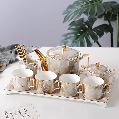 Marble Pattern Porcelain Tea Set with Gold Accents