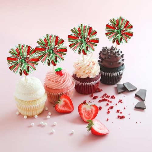 30Pcs Foil Firework Cupcake Toppers Sparkle Tinsel Drink Birthday Cake Decorations Cocktail Food Fruit Toothpick for New Years Wedding Birthday Party Decorations Red Green (30 Count)