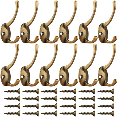 12 Pack Antique Brass Double Coat Hooks Wall Mounted with 24 Screws (12 Count)