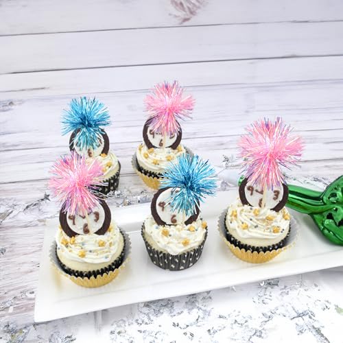 30Pcs Foil Firework Cupcake Toppers Sparkle Tinsel Cake Toppers Tinsel Drink Cake Decoration Cocktail Picks for Birthday Wedding Graduation Party Supplies Light Blue Pink (30 Count)