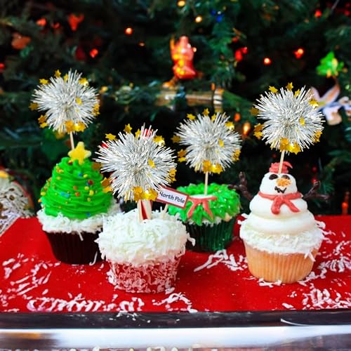 30Pcs Foil Firework Cupcake Toppers Sparkle Tinsel Cupcake Picks Happy Birthday Cake Decorations Drink Stirrers Cocktail Food Fruit Toothpicks for Baby Shower Graduation Party Supplies Silver (30 Count)