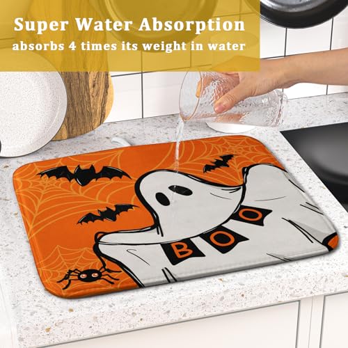 Orange Halloween Dish Drying Mat Spooky Boo Ghost Black Bats Dish Drainer Mats 16"x18" Spider Web Microfiber Reversible Dish Drying Rack Pad Protector for Kitchen Countertop Small Decor
