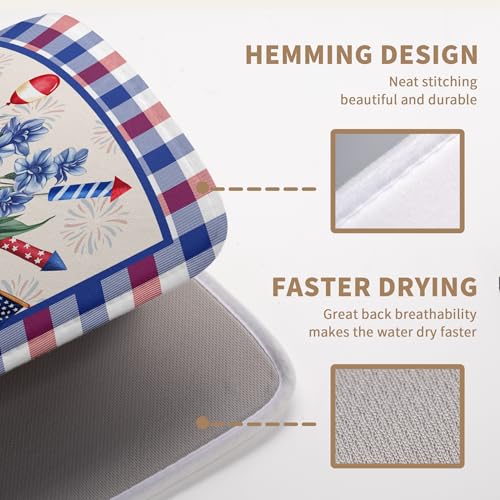 Patriotic Floral Dish Drying Mats 4th of July Flowers Dish Mat Blue Red Firework Drying Matt Dishes Dryer Pad for Kitchen Counter Absorbent Microfiber Washable Foldable Reusable 18x24 in