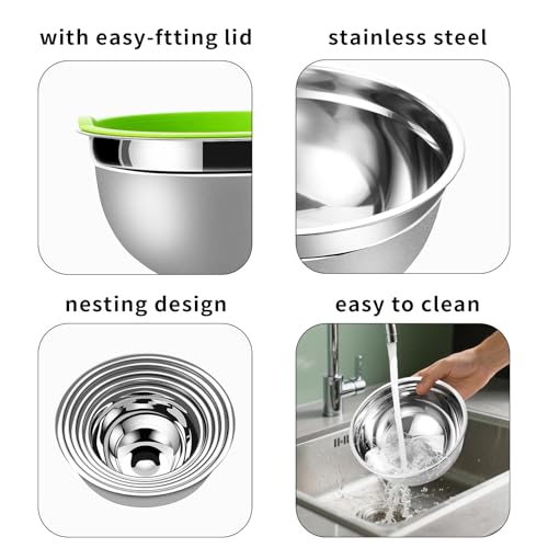 Mixing Bowls with Airtight Lids Set 5 Pcs Stainless Steel Bowls Set Baking Set Non (5 Count)