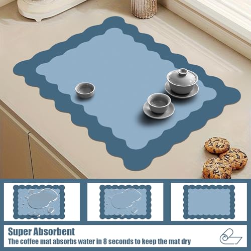 Blue Scalloped Coffee Mat for Countertop Coffee Bar Mat Matt