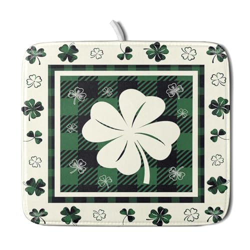 Patrick Clovers Dish Drying Mat 16"x18" Lucky Shamrock Spring Leaf Dish Drainer Mats Green Black Buffalo Plaids Absorbent Microfiber Dish Drying Pad for Kitchen Countertop Small Decor