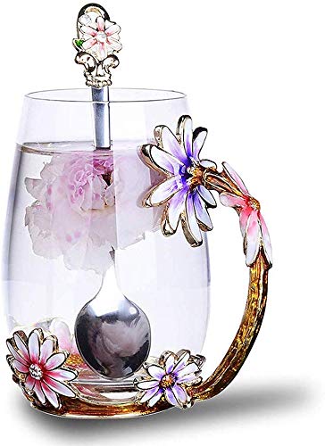 Enamel flower Glass Coffee Mug Tea Cup with Spoon Gifts For Women