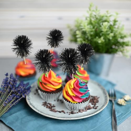 30Pcs Foil Firework Cupcake Toppers Sparkle Tinsel Cake Toppers Tinsel Drink Cake Decoration Cocktail Picks for Birthday Wedding Graduation Party Supplies Black (30 Count)