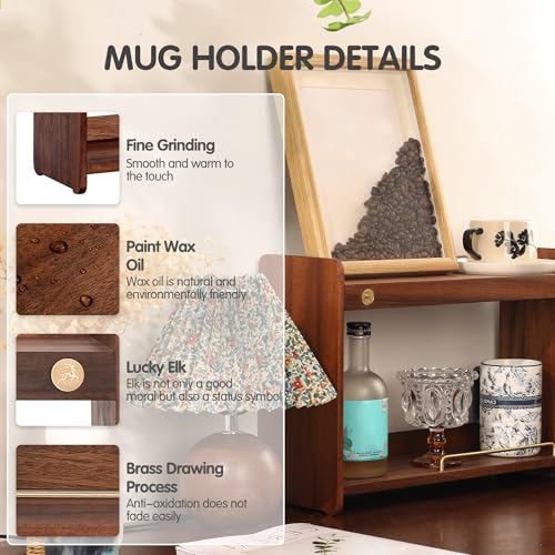 Coffee Mug Holder Wooden Cup Rack Mug Display Shelf Coffee Cup Holder for Countertop with 2 Tier Wood Coffee Mugs Holder for Kitchen Coffee Cup Storage