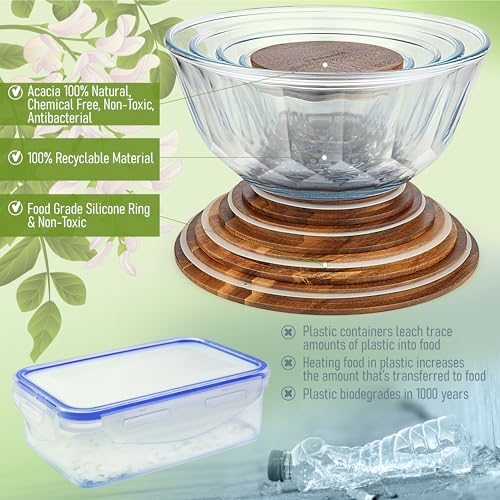 Large Stackable Glass Mixing Bowls with Acacia Lids Set of 5