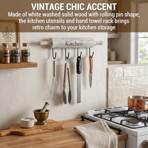 White Washed Wood Kitchen Utensil Rack with 4 Hooks