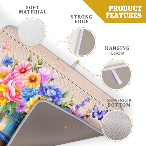 Summer Flowers Dish Drying Mat for Kitchen Counter 18x24in Vintage Colorful Floral Kitchen Drying Mat Soft Absorbent Microfiber Farmhouse Flowers Dish Drainer Rack Mats for Kitchen Countertops
