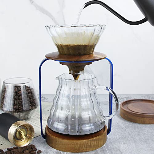 Pour Over Coffee Dripper Stand with Metal Stand Wooden Filter Holder Glass Server with Paper Coffee Filters
