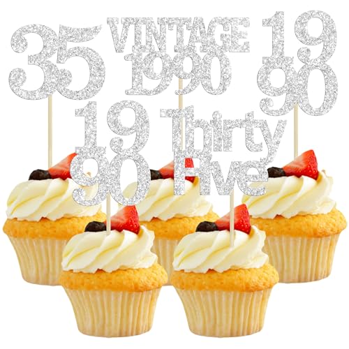 24Pcs Happy 35th Birthday Cupcake Toppers Glitter Thirty Five 35 Fabulous Vintage 1990 Cupcake Picks for 30th Birthday Wedding Anniversary Party Cake Decorations Supplies Rose Gold (24 Count)