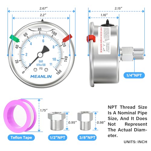 0~160Psi Stainless Steel Liquid Filled Pressure Gauge 2.5"FACE DIAL 1