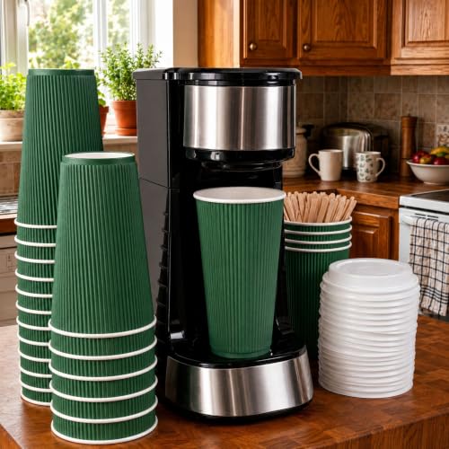Ripple Wall Coffee Cups 25 Count 16 Ounce Insulated Forest Green Paper Cups