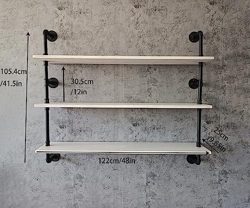 Industrial Pipe Shelving Rustic White Pipe Wall Shelves Industrial Shelves with Wood Planks Floating Shelves 48 Inch Farmhouse Bathroom (3 Count)