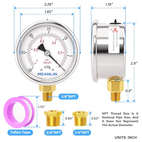 30inHG~0Psi Vacuum Gauge Stainless Steel 1