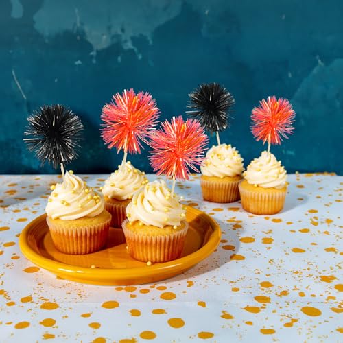 30Pcs Foil Firework Cupcake Toppers Sparkle Tinsel Cake Toppers Tinsel Drink Cake Decoration Cocktail Picks for Birthday Wedding Graduation Party Supplies Black Orange (30 Count)