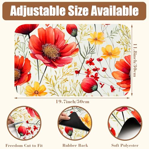 Red and Yellow Flowers Coffee Mat Absorbent Dish Drying Mat for Kitchen Counter Hide Stain Rubber Backed Coffee Bar Accessories Fit Under Espresso Machine