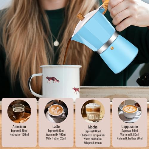 6 Cup Aluminum Moka Pot Classic Stovetop Espresso Coffee Maker 300ml 10oz Coffeemaker Percolator Mocha Pot Greca Coffee Maker Cafe Makers for Italian and Cuban Café Brewing Blue