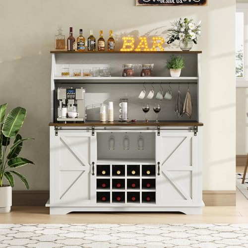 55" Farmhouse Coffee Bar Cabinet with 3 Tier Storage Hutch