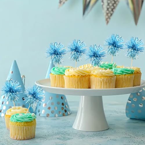 30Pcs Foil Firework Cupcake Toppers Sparkle Tinsel Cupcake Picks Happy Birthday Cake Toppers Drink Stirrers Cocktail Food Toothpicks for Baby Shower Birthday Party Supplies Lake Blue (30 Count)