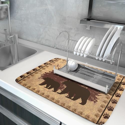 18"x24" Brown Bear Dish Drying Mat Rustic Forest Wildlife Woodland Dish Drainer Mats for Kitchen Countertop Farmhouse Animal Paw Print Fast Dry Microfiber Dish Drying Pad Decoration