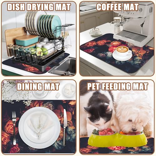 Vintage Rose Flower Coffee Mat Absorbent Dish Drying Mat for Kitchen Counter Hide Stain Rubber Backed Coffee Bar Accessories Fit Under Espresso Machine