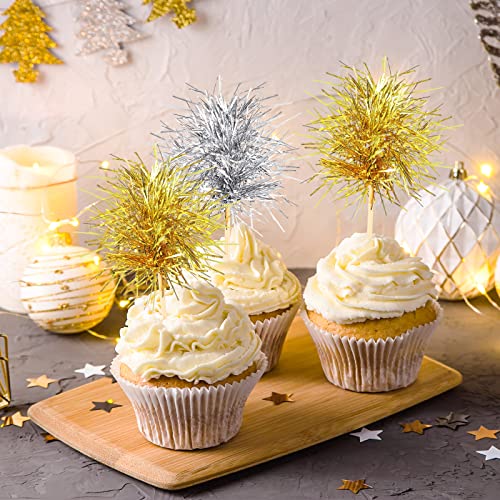 100 Pcs Foil Firework Cupcake Toppers Gold and Silver Sparkle Tinsel Cake Toppers New Year Cake Decoration Cocktail Fruit Toothpick for Birthday Wedding Graduation Party (100 Count)